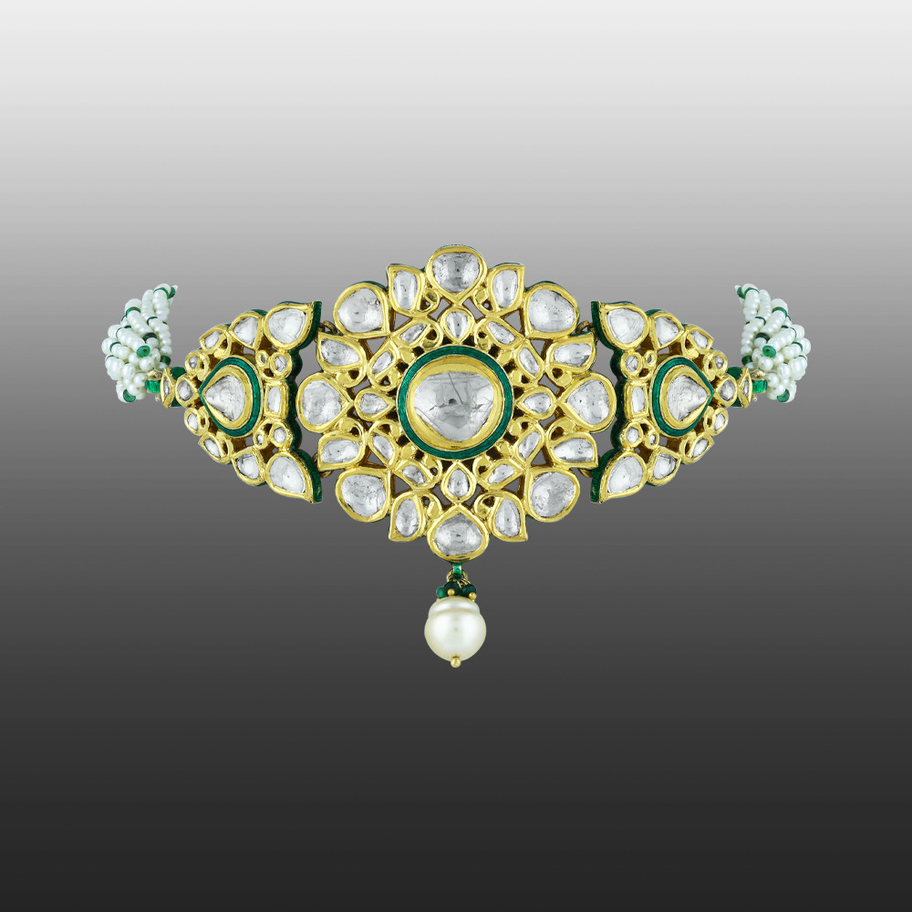 Floral Polki Choker with Green Enamel & Pearl Strands